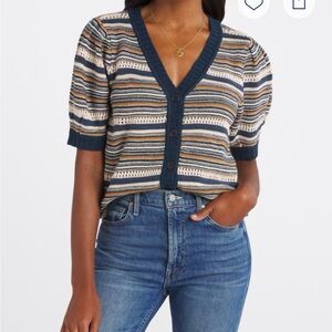 Striped V-Neck Button-Up Sweater